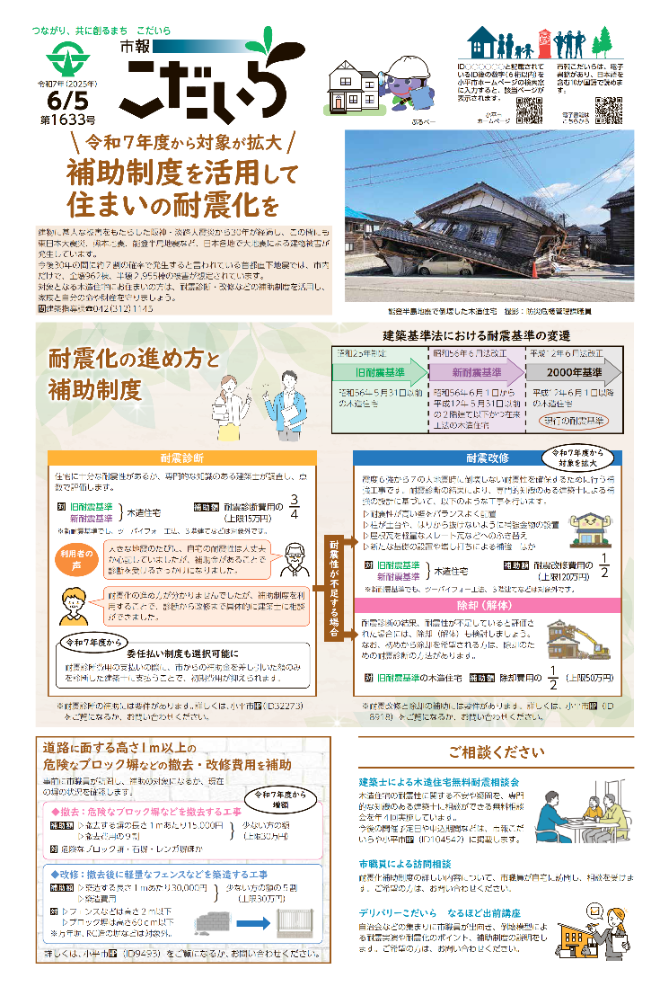 市報こだいら6月5日号1面の表紙です。